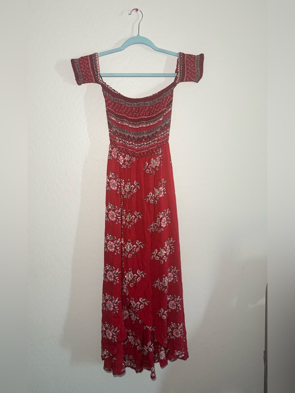 Altar'd State Red Floral Off-Shoulder Maxi with Smocked Bodice
